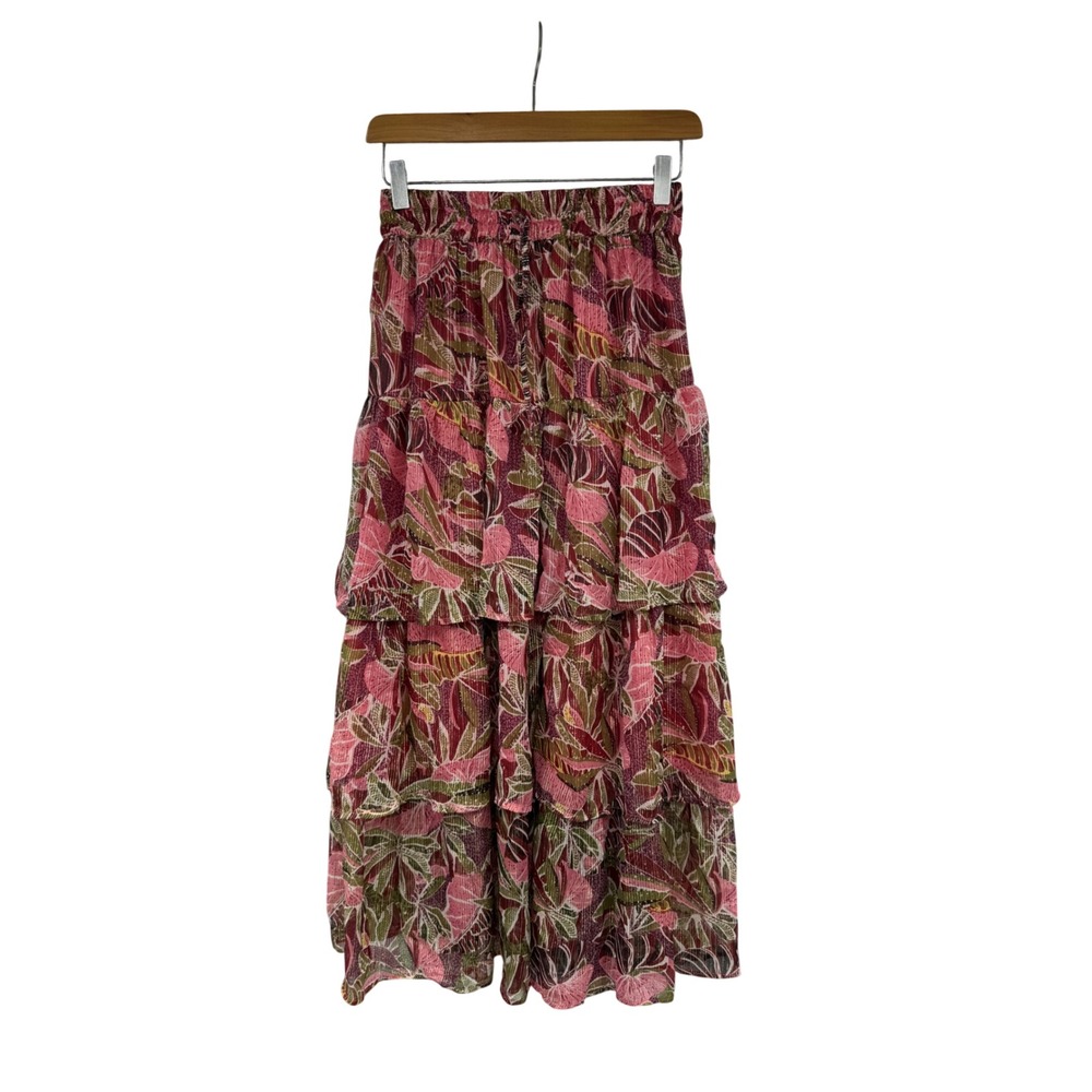 Elan Women Pink Green Tropical Floral Metallic Tiered Maxi Skirt Size M